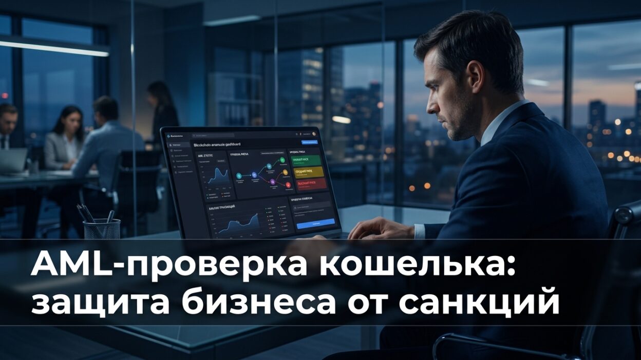 AML-проверка USDT-кошелька контрагента: бизнесмен анализирует Risk Score на блокчейн-дашборде