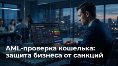 AML-проверка USDT-кошелька контрагента: бизнесмен анализирует Risk Score на блокчейн-дашборде