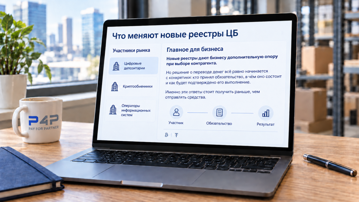 Участники крипторынка и ключевой вывод статьи на экране ноутбука; рядом кружка с логотипом P4P
