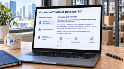 Участники крипторынка и ключевой вывод статьи на экране ноутбука; рядом кружка с логотипом P4P