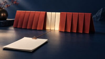 Три светлых листа календаря между красными блоками и лист инвойса на тёмно-синем фоне