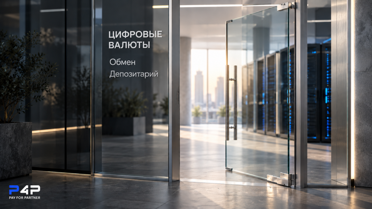 Приоткрытая стеклянная дверь с надписями «Цифровые валюты», «Обмен» и «Депозитарий»