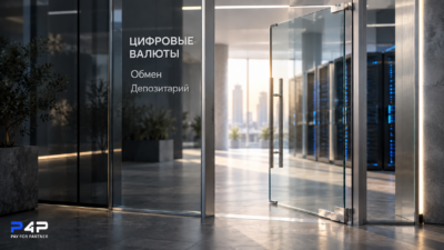 Приоткрытая стеклянная дверь с надписями «Цифровые валюты», «Обмен» и «Депозитарий»