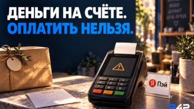 Пункт выдачи заказов, терминал с предупреждением о недоступной оплате и табличка Я Пэй