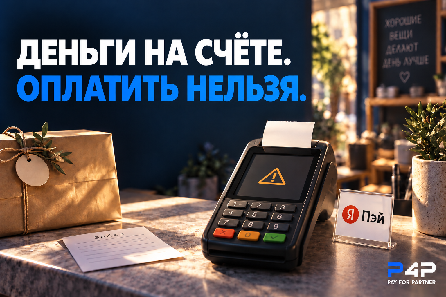 Пункт выдачи заказов, терминал с предупреждением о недоступной оплате и табличка Я Пэй