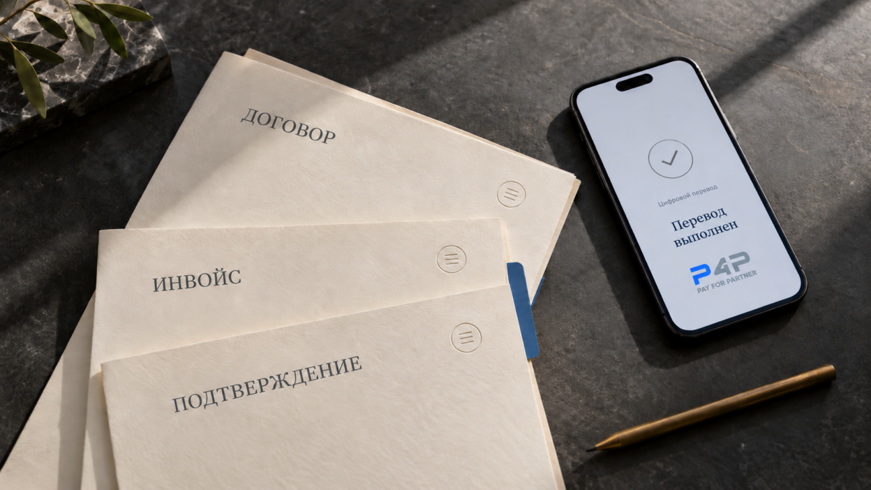 Подтверждение цифрового перевода на телефоне с логотипом P4P и документы сделки