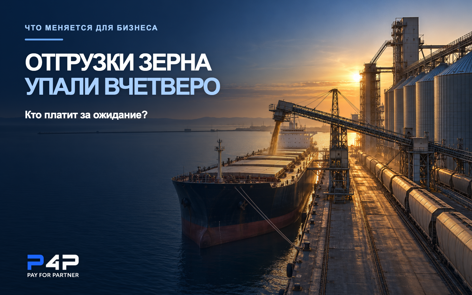 Отгрузки зерна упали вчетверо. Зерновое судно у портового терминала на рассвете.